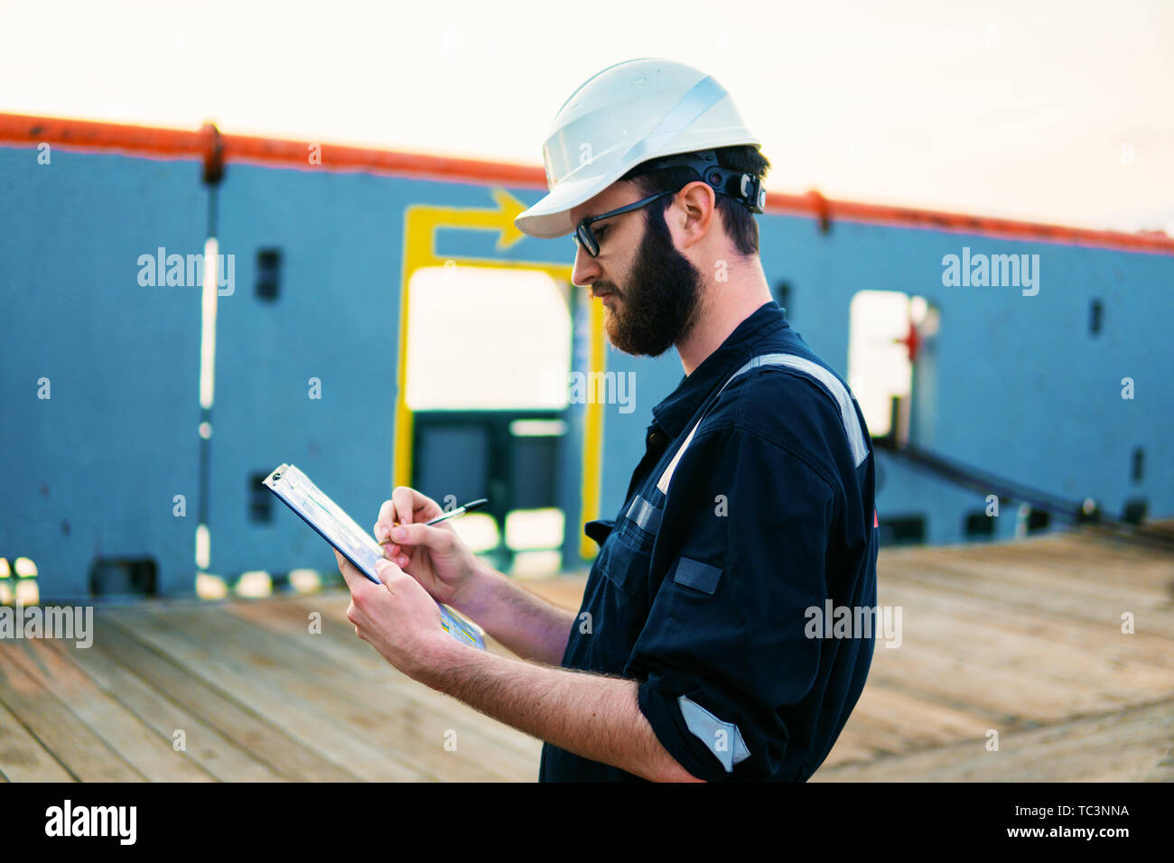 Deck Officer on deck of offshore vessel or ship Stock Photo