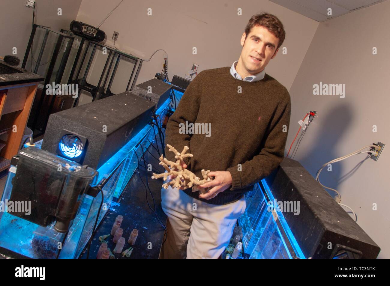 Angled shot of marine scientist Justin Ries, standing and facing the camera while holding a piece of coral, likely at the Johns Hopkins University, Baltimore, Maryland, November 3, 2004. From the Homewood Photography Collection. () Stock Photo