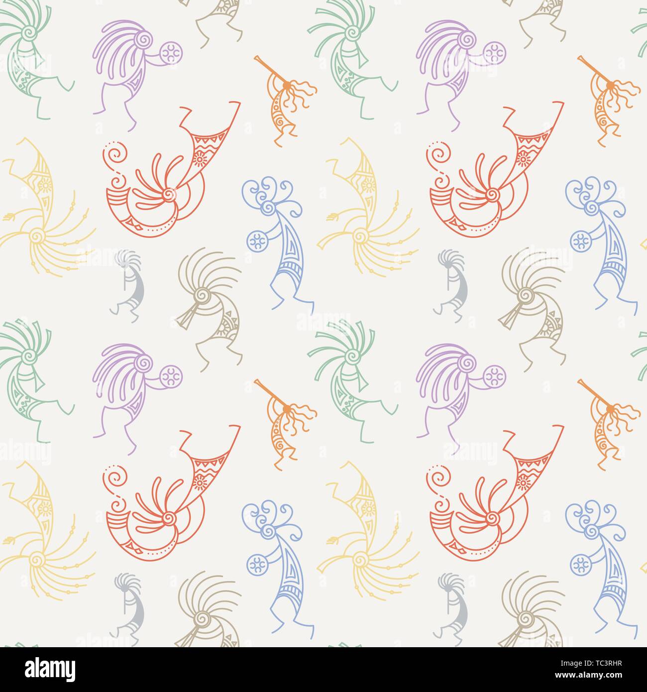 Hand drawn Kokopelli seamless pattern. Stylized mythical characters playing flutes. Vector art for prints. design, cards, children and coloring books, Stock Vector