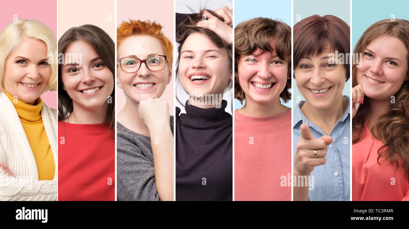 Beautiful smiling female face only collage. Positive emotion Stock Photo
