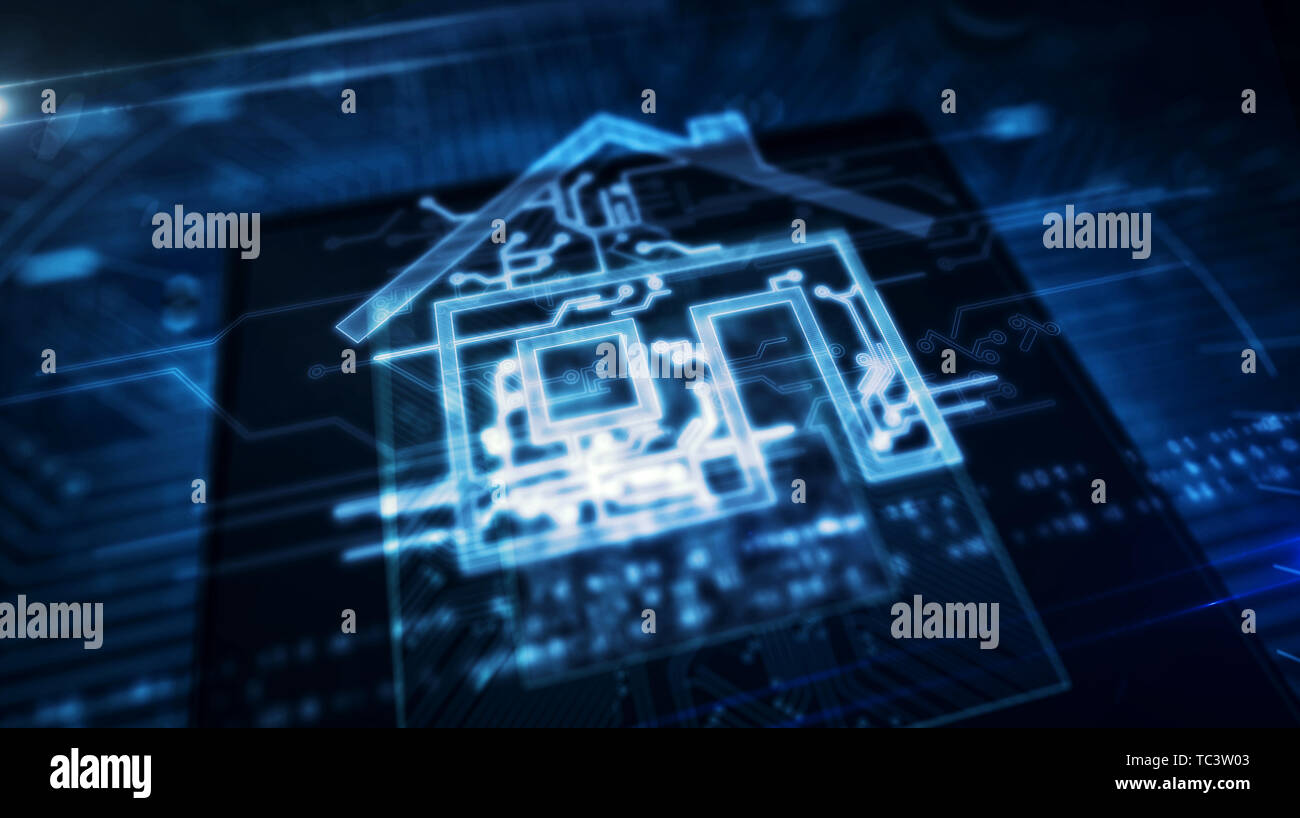 Smart home controlling concept with house hologram over cpu in