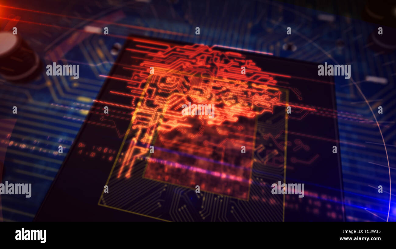 Cybernetic brain, artificial intelligence and deep machine learning and concept with digital mind hologram over working cpu in background. Circuit boa Stock Photo