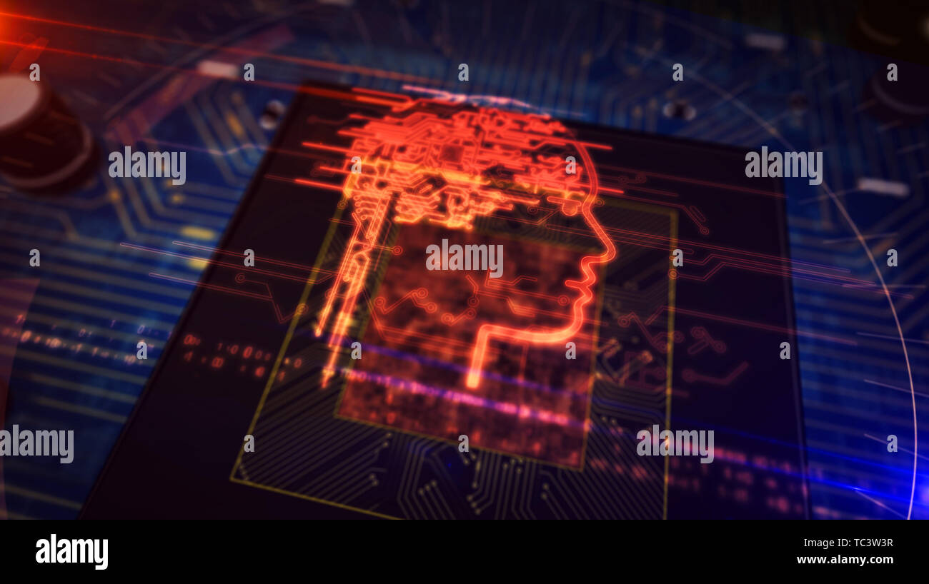 Artificial intelligence with cybernetic brain hologram over working processor in background. Modern digital technology 3d illustration. Stock Photo