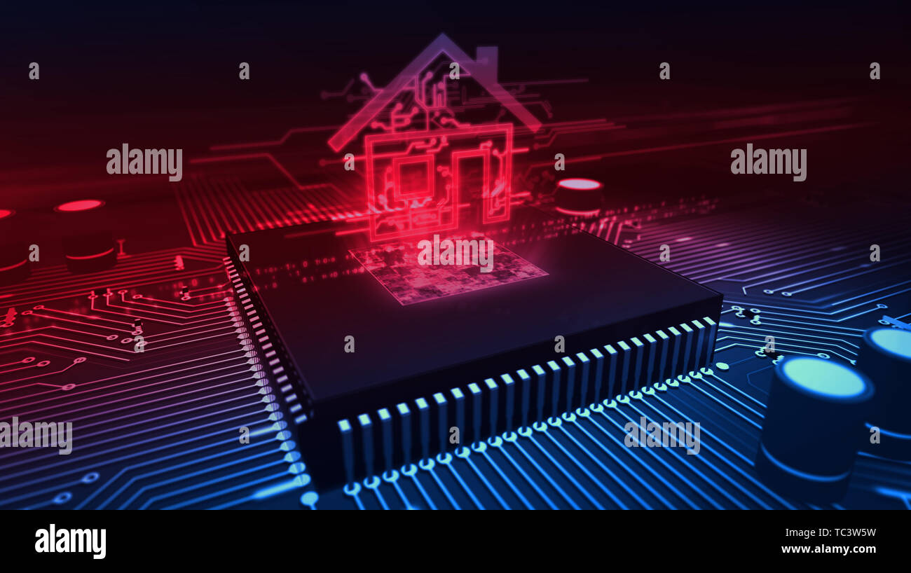 Smart home controlling concept with house hologram over cpu in background.  Circuit board 3d illustration. Futuristic animation of iot, intelligent bui  Stock Photo - Alamy