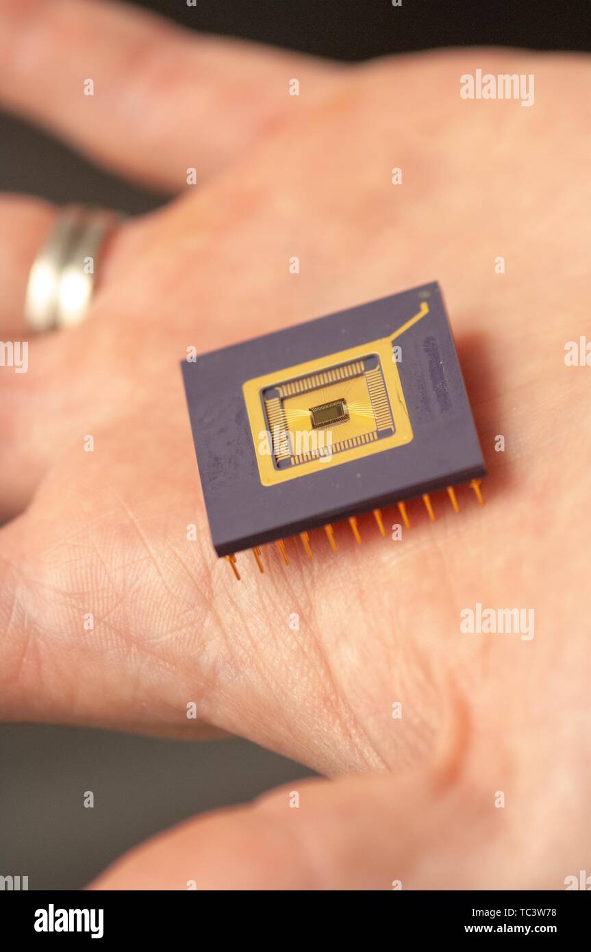 Close-up of a small electronic component resting on the palm of an open hand, August 17, 2007. From the Homewood Photography Collection. () Stock Photo