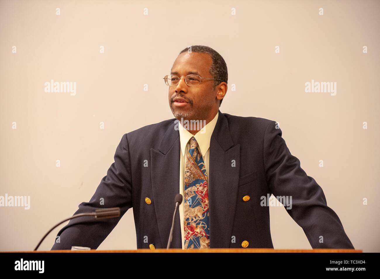 Neurosurgeon and politician Ben Carson speaking from a podium during the Minority Pre-Health Conference at the Johns Hopkins University, Baltimore, Maryland, February 29, 2008. From the Homewood Photography Collection. () Stock Photo