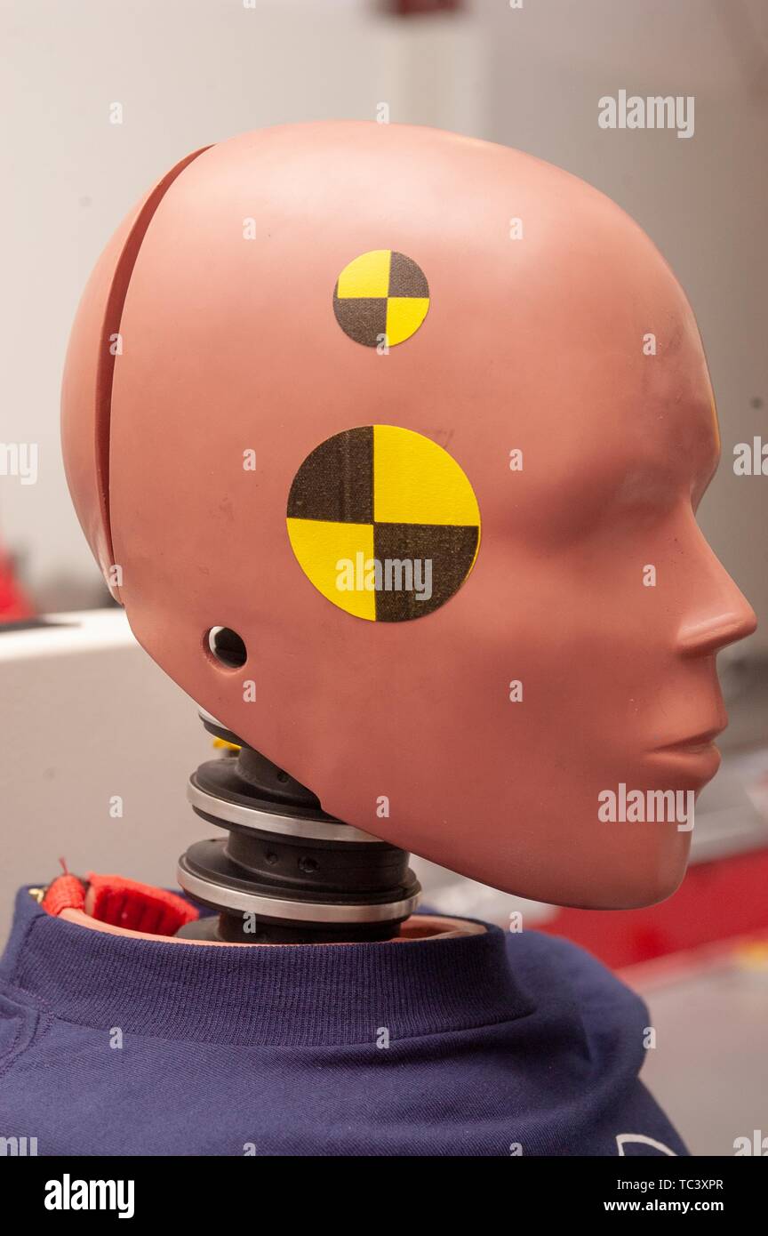 Close-up profile view of the head of a crash dummy in the Impact Biomechanics Test Facility at the Johns Hopkins University Applied Physics Laboratory, May 3, 2004. From the Homewood Photography Collection. () Stock Photo