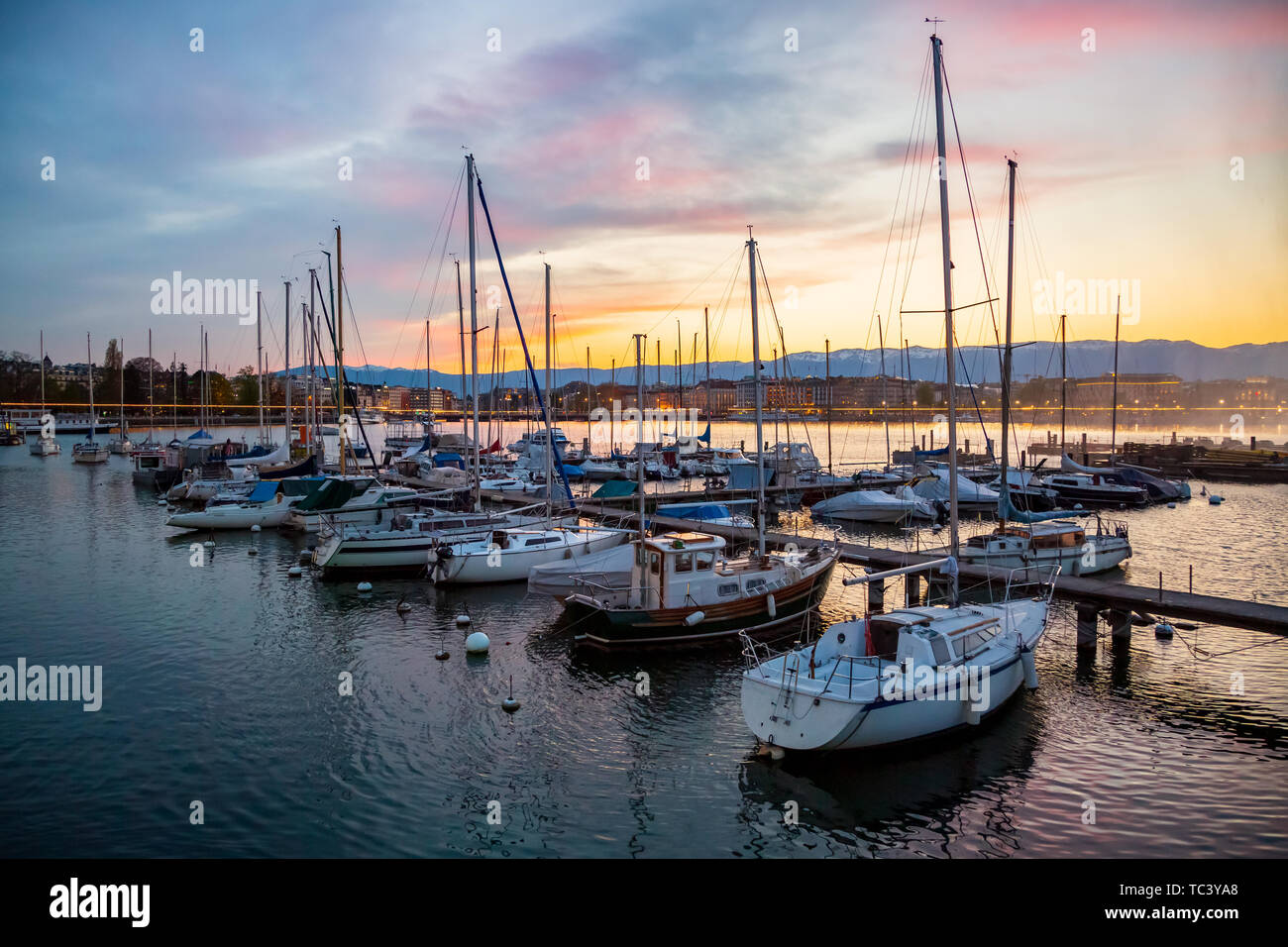 Sailing boats in Geneva City port Stock Photo