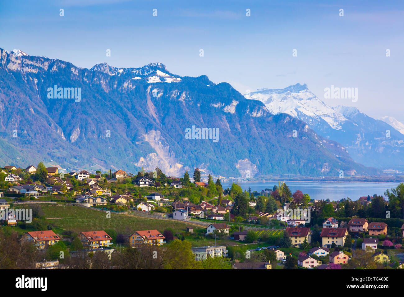 Suburbs of Montreux city with mountains in the background Stock Photo