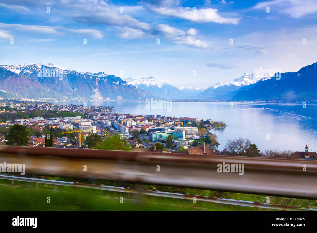 View of Montreux city and mountains taken from highway, Switzerland Stock Photo