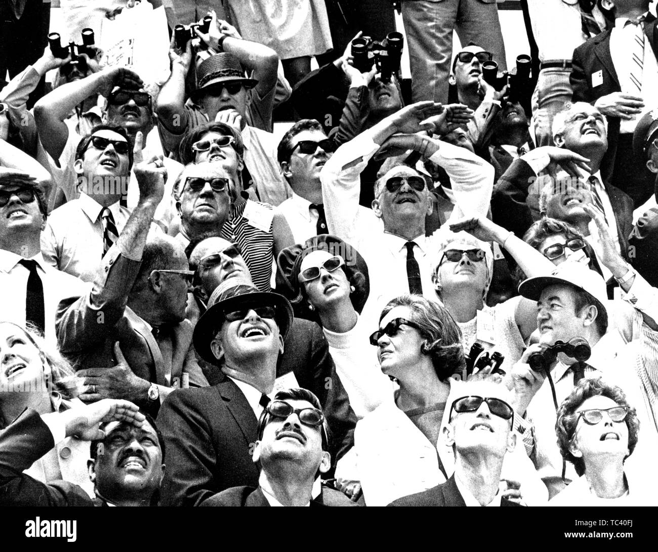 NASA members with guests watching the Apollo 10 liftoff, including Albert Siepert, Belgium's King Baudouin and Queen Fabiola, Mrs Siepert, and Mr And Mrs Emil Mosbacher, May 18, 1969. Image courtesy National Aeronautics and Space Administration (NASA). () Stock Photo