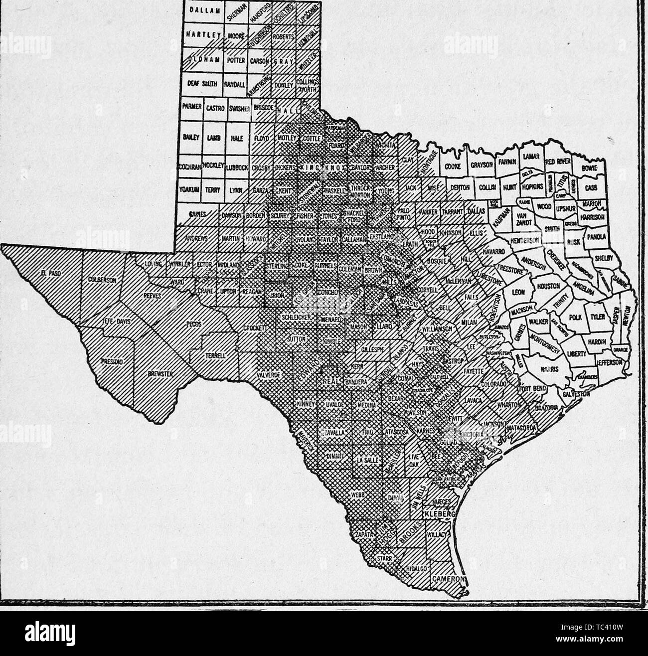 Engraved map of Mesquite distribution, Bureau of Forestry, U. S. Department of Agriculture, from the book 'Book of Texas' by Harry Yandell Benedict and John A. Lomax, 1916. Courtesy Internet Archive. () Stock Photo