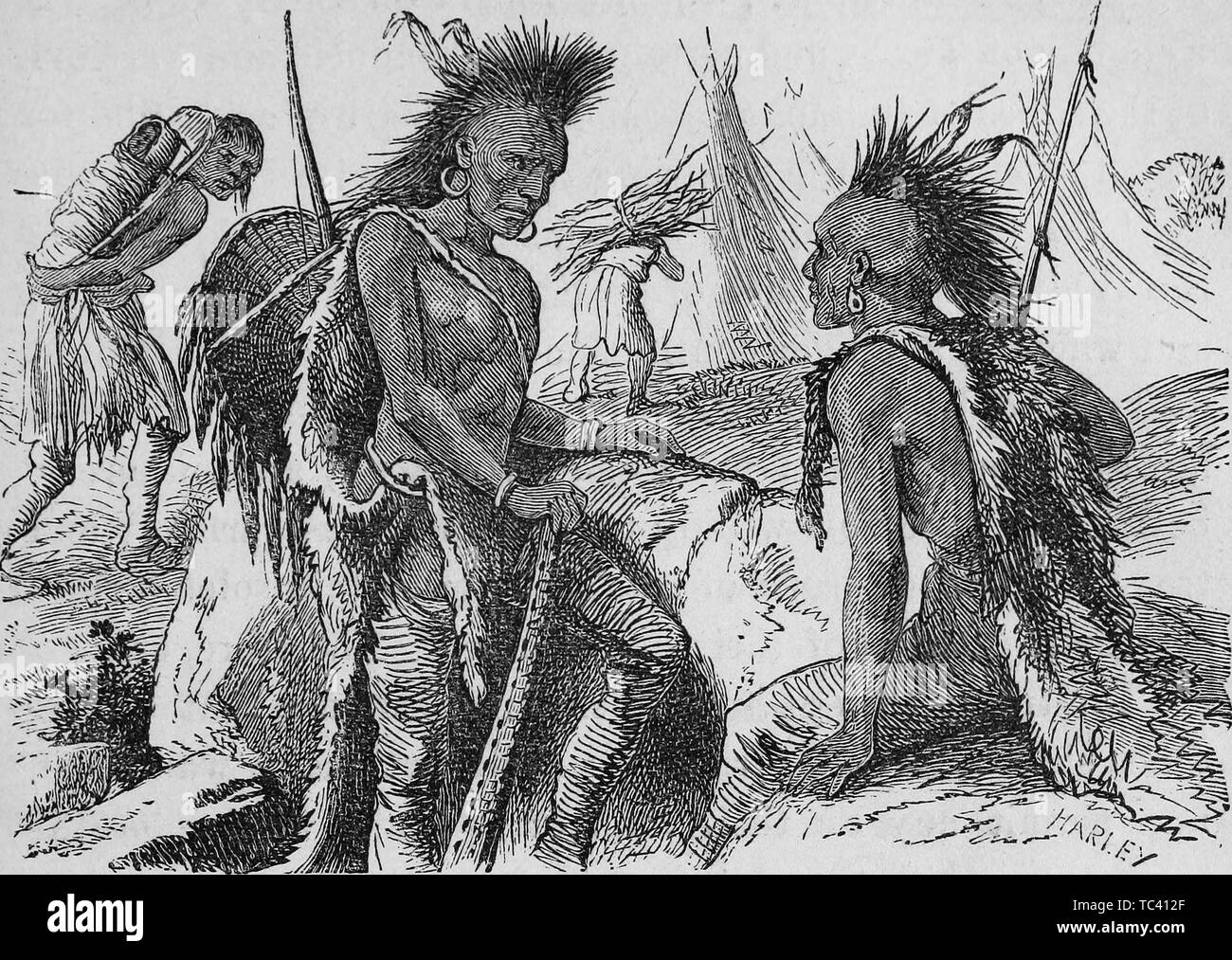 Engraving of two Indian warriors speaking in their village, from the book 'Brief history of Texas from its earliest settlement to which is appended the constitution of the state' by De Witt Clinton Baker, 1873. Courtesy Internet Archive. () Stock Photo