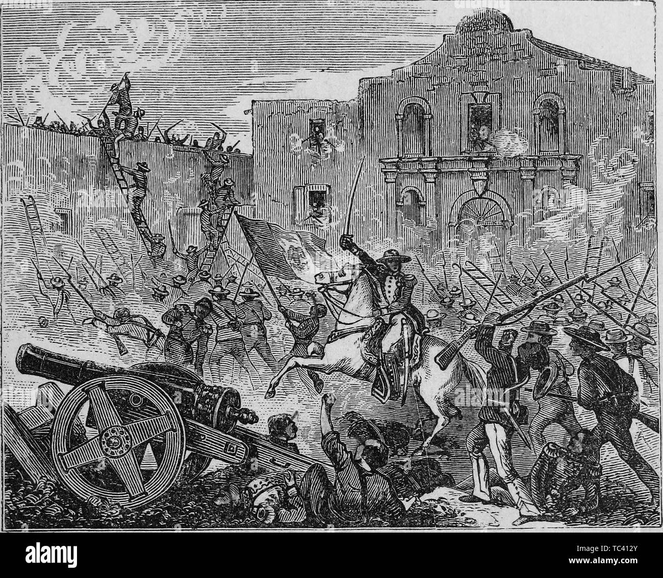 Engraving of the siege of the Alamo, the first thirteen days of the Battle of the Alamo, from the book 'Brief history of Texas from its earliest settlement to which is appended the constitution of the state' by De Witt Clinton Baker, 1873. Courtesy Internet Archive. () Stock Photo