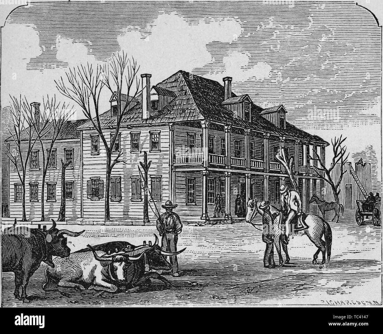 Engraving of the house in which First Congress met, from the book 'Brief history of Texas from its earliest settlement to which is appended the constitution of the state' by De Witt Clinton Baker, 1873. Courtesy Internet Archive. () Stock Photo