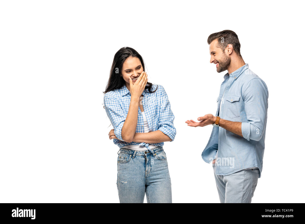 man and young woman laughing and talking Isolated On White Stock Photo ...