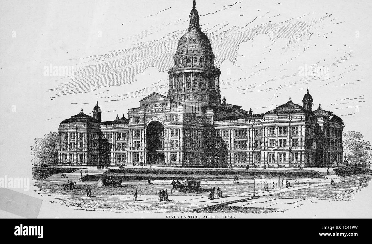 Engraving of the State Capitol building in Austin, Texas, from the book 'The City of Houston' by Andrew Morrison, 1890. Courtesy Internet Archive. () Stock Photo