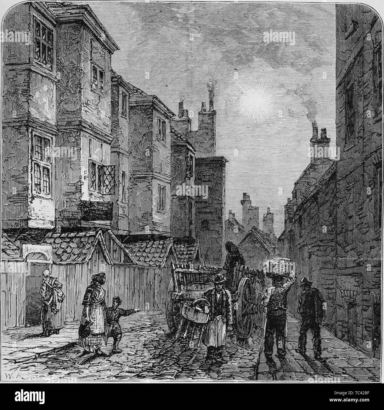 Engraving of the street scene at Milford Lane, London, England, from the book 'Old and new London: a narrative of its history, its people, and its places' by Thornbury Walter, 1873. Courtesy Internet Archive. () Stock Photo