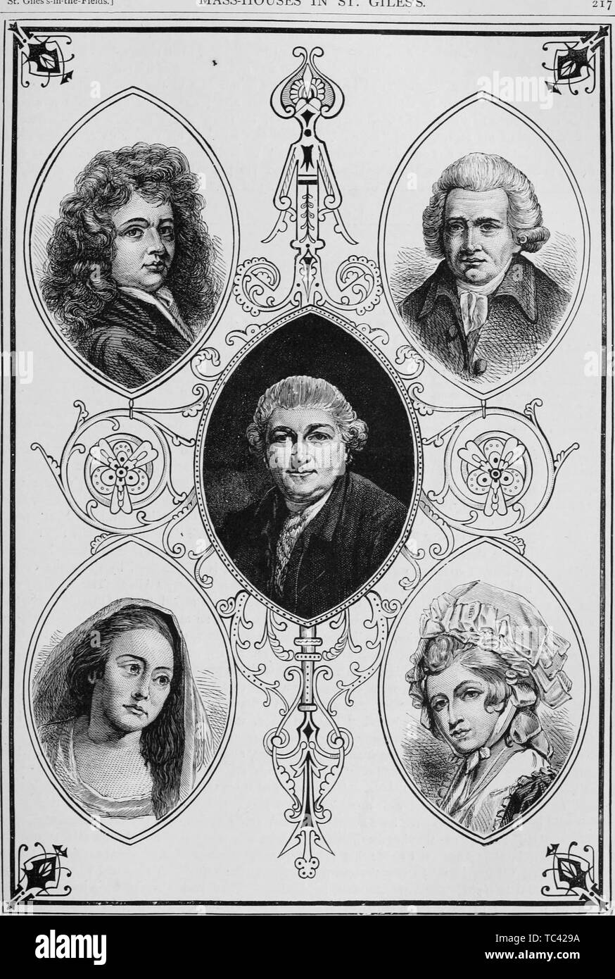 Engraving of the Drury Lane Theatre celebrities, London, England, from the book 'Old and new London: a narrative of its history, its people, and its places' by Thornbury Walter, 1873. Courtesy Internet Archive. () Stock Photo