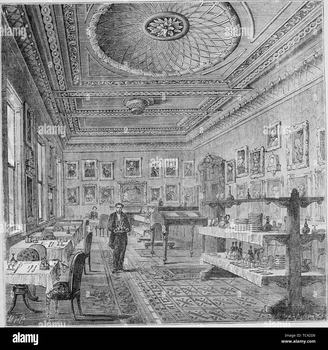 Engraving of the dining room at the Garrick Club, London, England, from the book 'Old and new London: a narrative of its history, its people, and its places' by Thornbury Walter, 1873. Courtesy Internet Archive. () Stock Photo