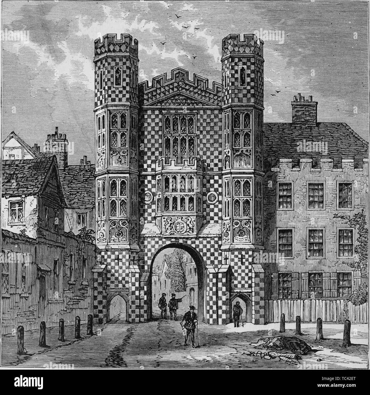 Engraving of the Holbein Gate at Whitehall, London, England, from the book 'Old and new London: a narrative of its history, its people, and its places' by Thornbury Walter, 1873. Courtesy Internet Archive. () Stock Photo