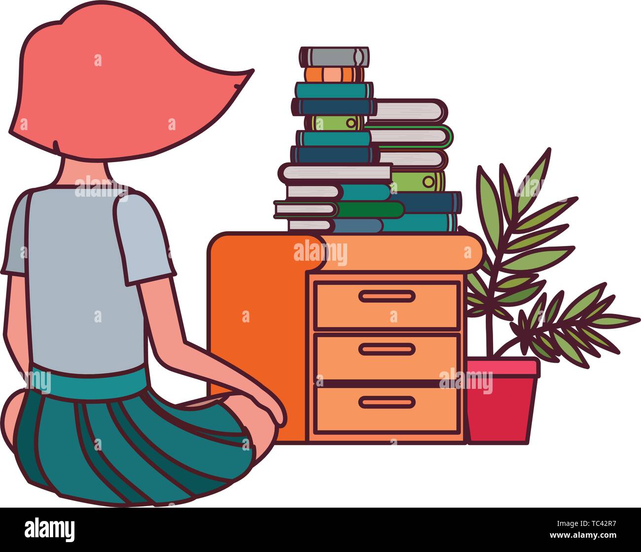 student girl sitting on his back with stack of books Stock Vector Image ...