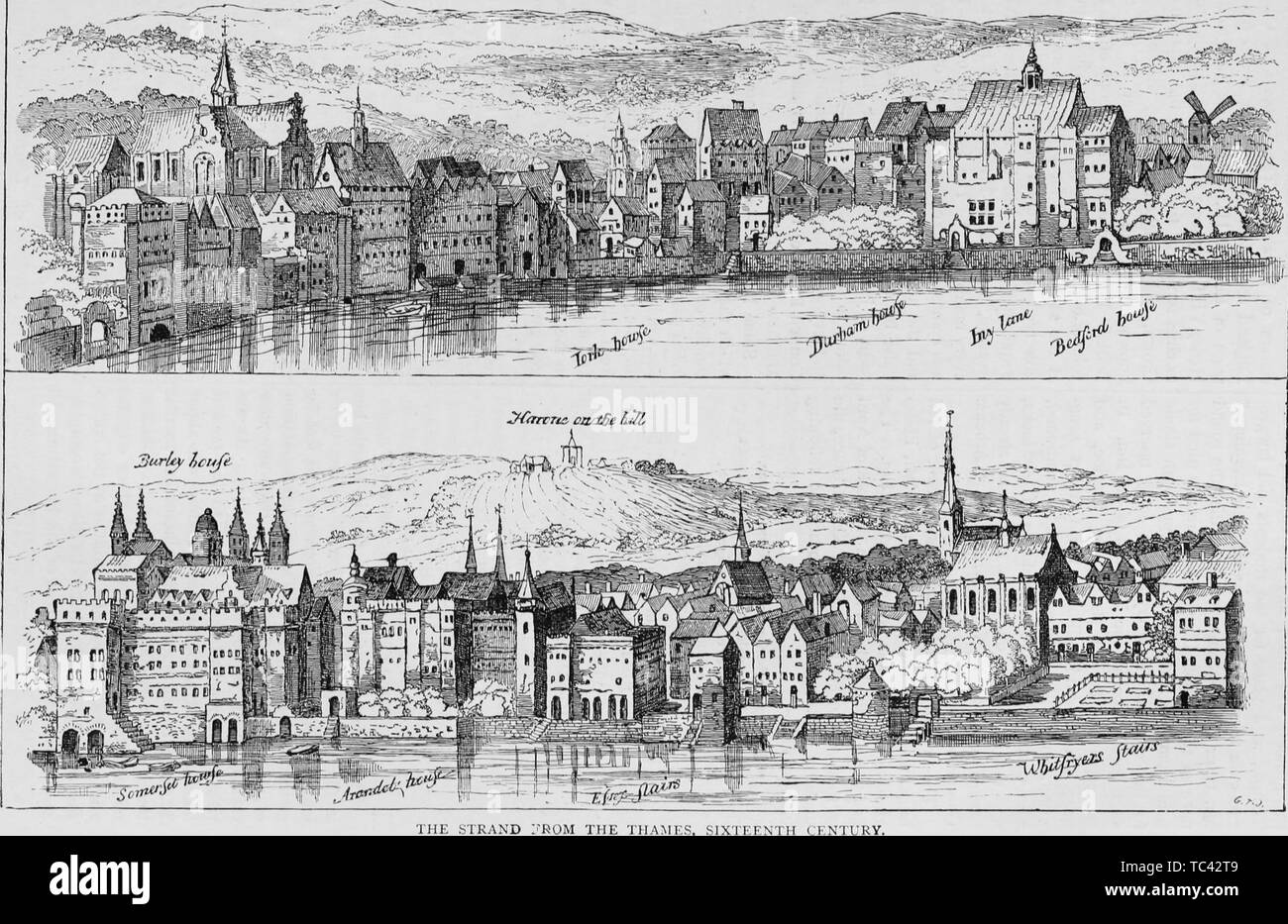 Engravings of the Strand viewed from the Thames River, London, England, from the book 'Old and new London: a narrative of its history, its people, and its places' by Thornbury Walter, 1873. Courtesy Internet Archive. () Stock Photo