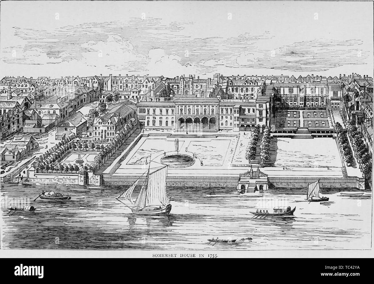 Engraving of the Somerset House, viewed from the Thames River, London, England, from the book 'Old and new London: a narrative of its history, its people, and its places' by Thornbury Walter, 1873. Courtesy Internet Archive. () Stock Photo