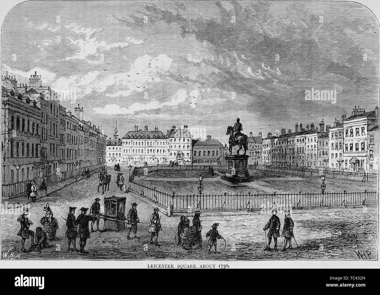 Engraving of Leicester Square in London, England, from the book 'Old and new London: a narrative of its history, its people, and its places' by Thornbury Walter, 1873. Courtesy Internet Archive. () Stock Photo