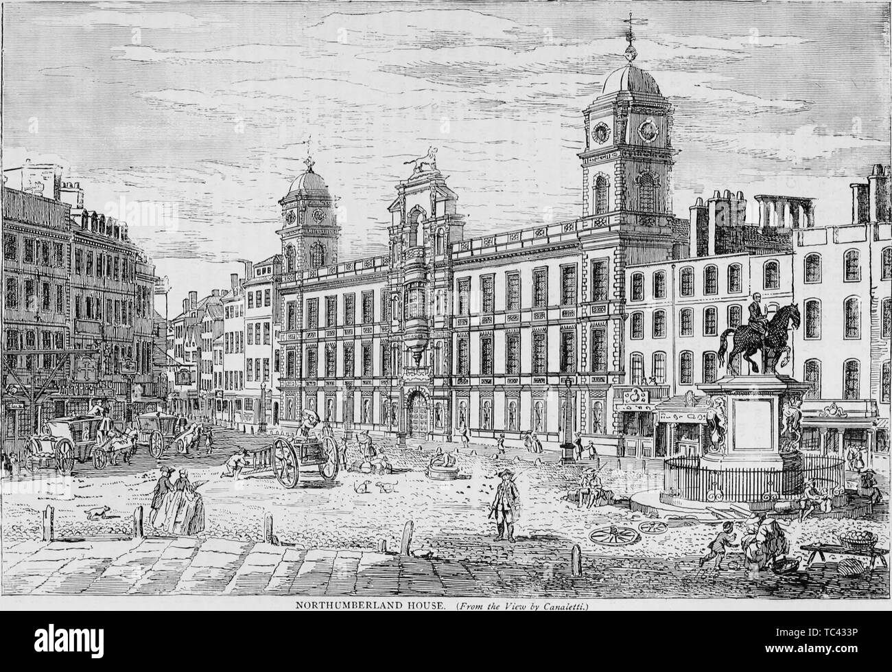 Engraving of the Northumberland House at Charing Cross, London, England, from the book 'Old and new London: a narrative of its history, its people, and its places' by Thornbury Walter, 1873. Courtesy Internet Archive. () Stock Photo