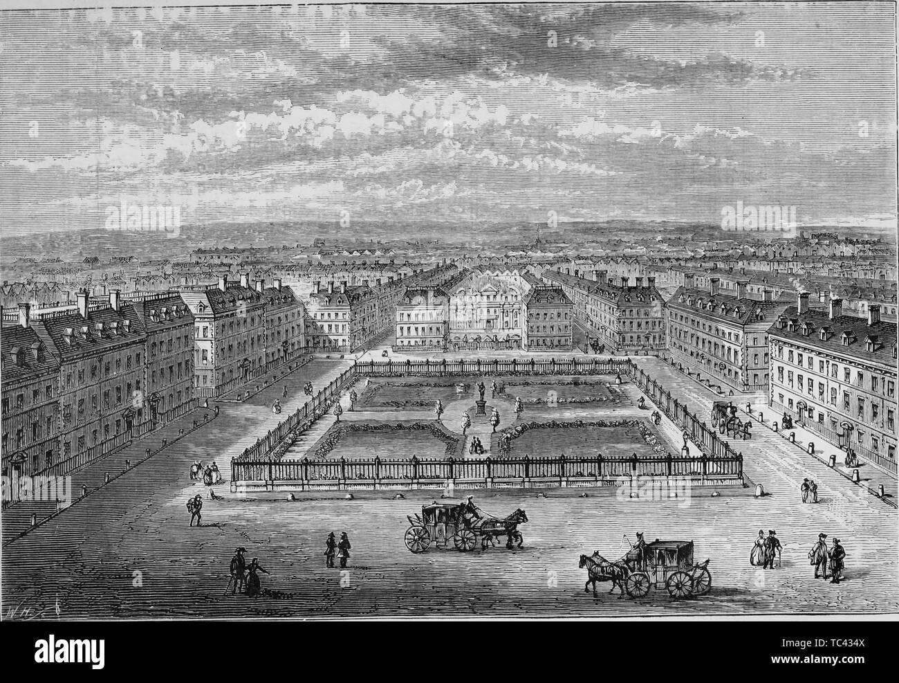 Engraving of the Soho Square in London, England, from the book 'Old and new London: a narrative of its history, its people, and its places' by Thornbury Walter, 1873. Courtesy Internet Archive. () Stock Photo