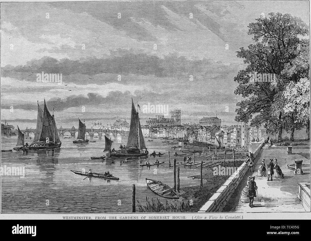 Engraving of the Westminster, viewed from the gardens of Somerset House, London, England, from the book 'Old and new London: a narrative of its history, its people, and its places' by Thornbury Walter, 1873. Courtesy Internet Archive. () Stock Photo