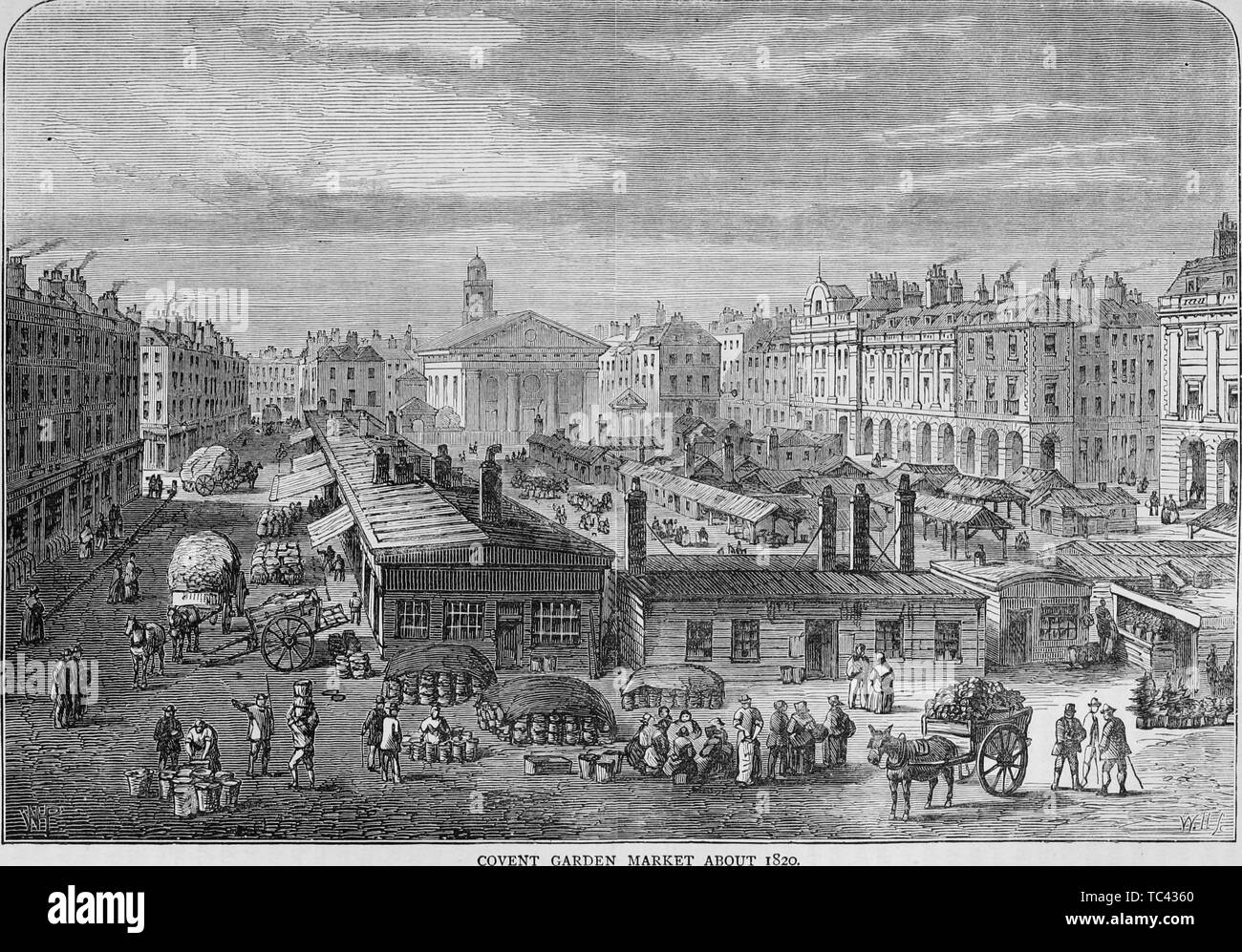 Engraving of the Covent Garden market in London, England, from the book 'Old and new London: a narrative of its history, its people, and its places' by Thornbury Walter, 1873. Courtesy Internet Archive. () Stock Photo