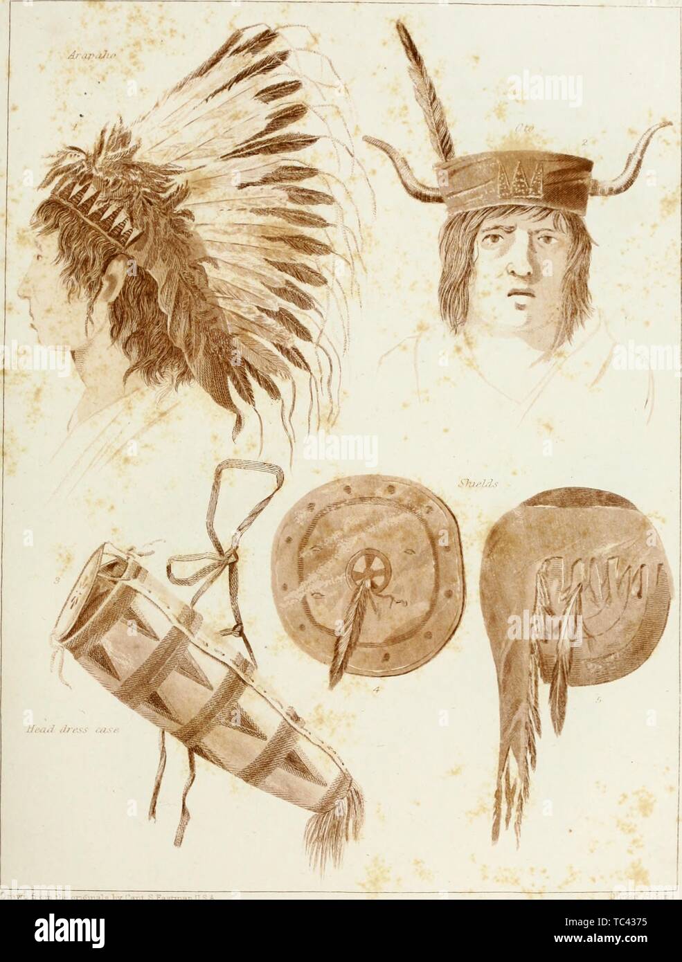Engravings of Arapaho Indian war bonnets, shields and quiver, from the book 'Archives of Aboriginal knowledge' by Henry Rowe Schoolcraft, 1860. Courtesy Internet Archive. () Stock Photo