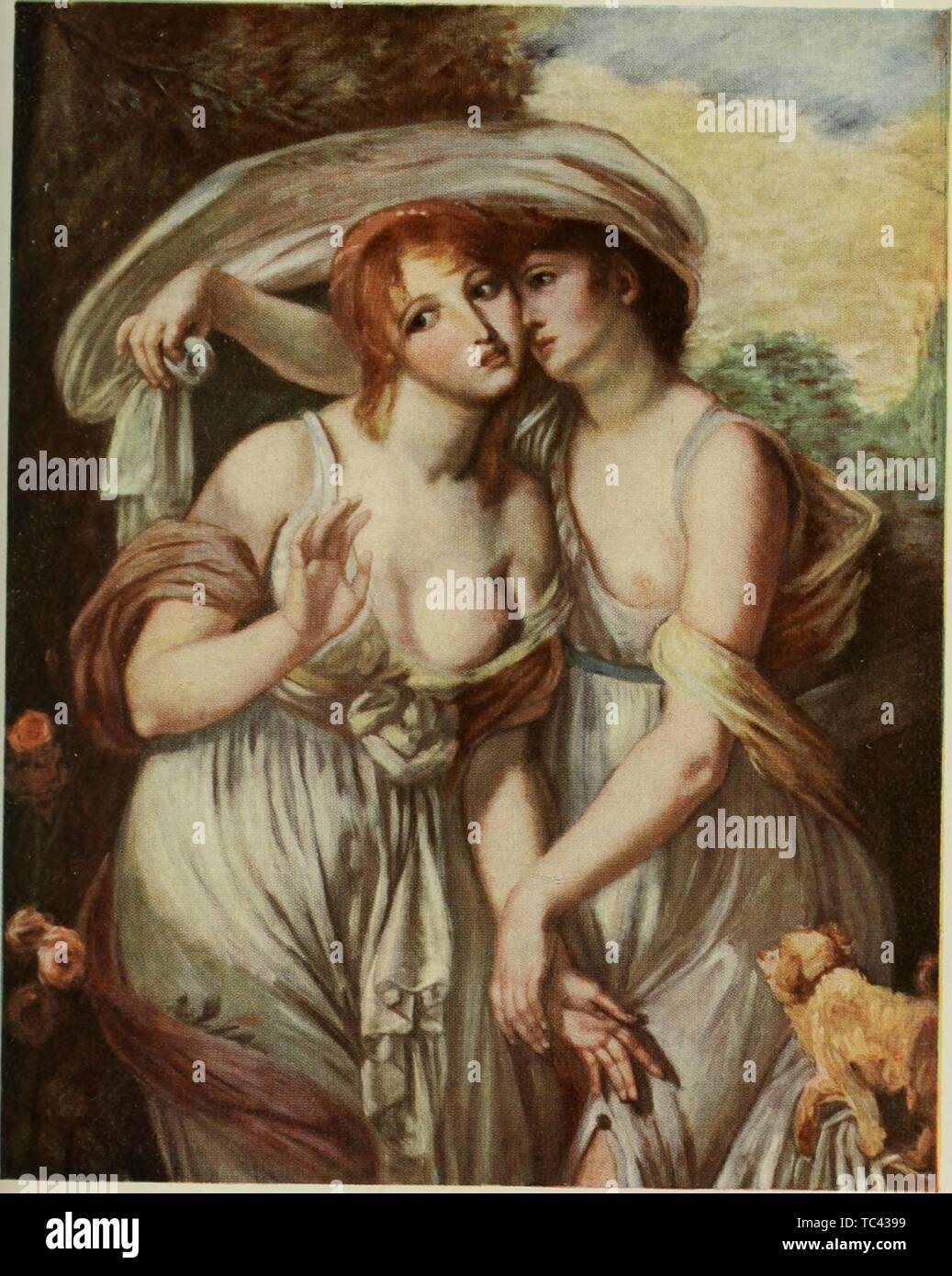 Engraved painting 'Les Deux Soeurs' (The Two Sisters) by Jean Baptiste Greuze, from the book 'Greuze' by Alys Eyre Macklin, 1907. Courtesy Internet Archive. () Stock Photo