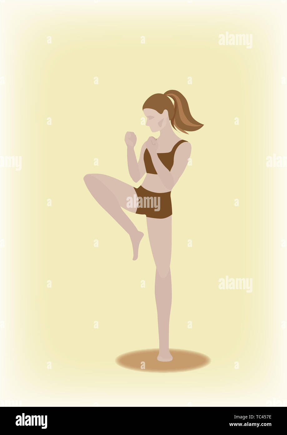 Light yellow background wrestling exercise ponytail girl illustration Stock Photo
