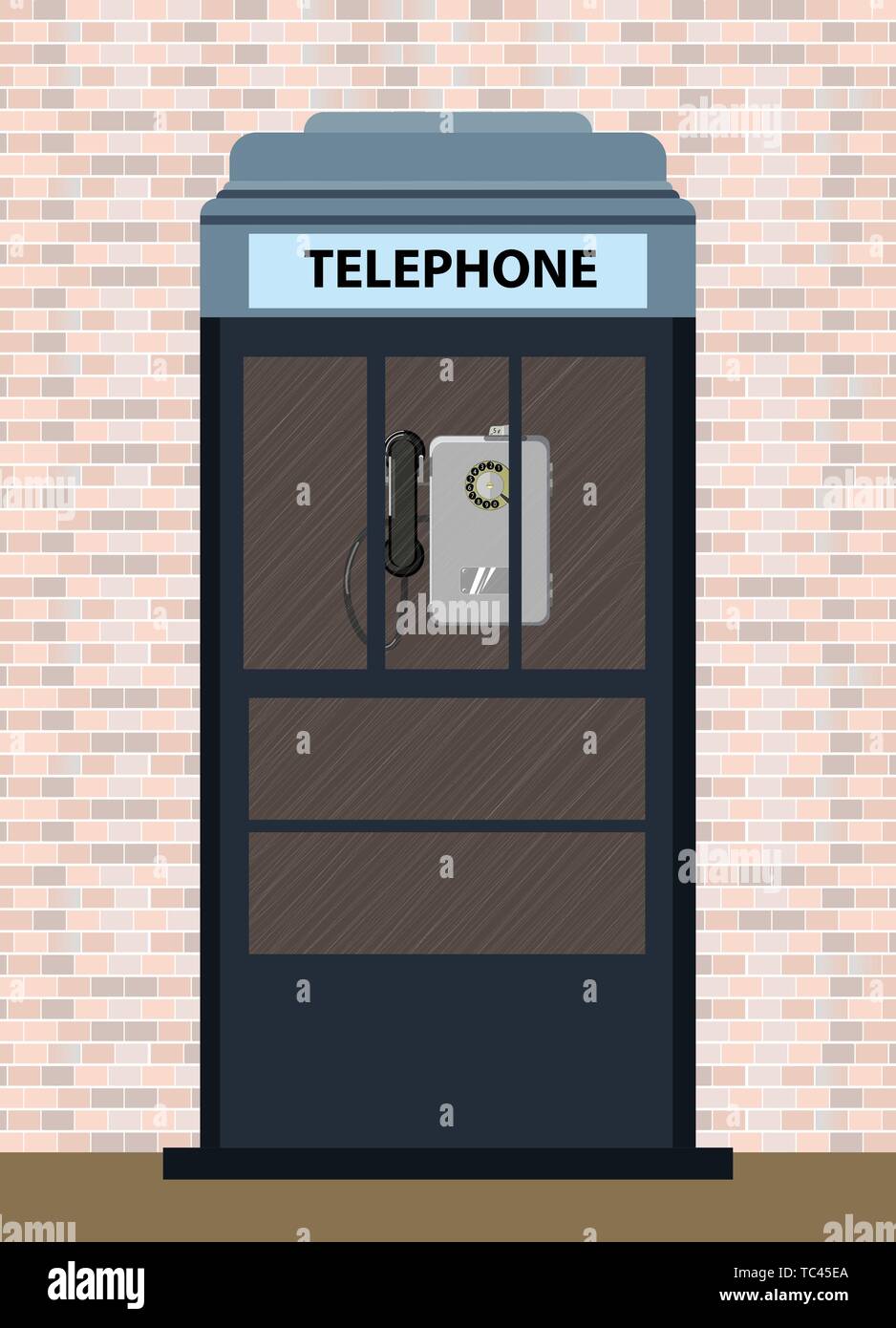 Gray telephone booth on a brick wall background. Vector illustration. Stock Vector