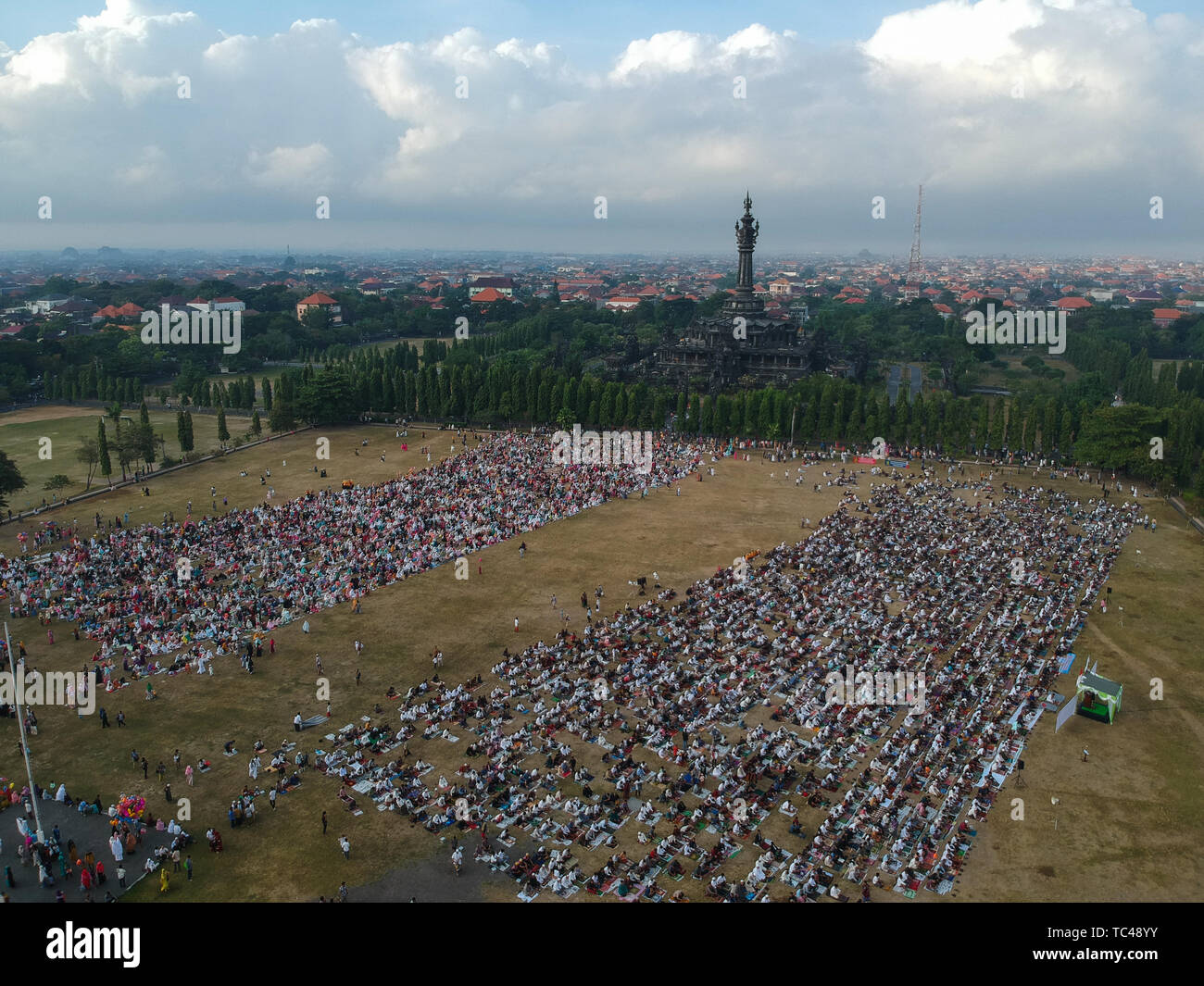 The view from the air of the Eid al-Fitr prayer in 2019 at Puputan Renon field. Eid prayers were attended by th Stock Photo