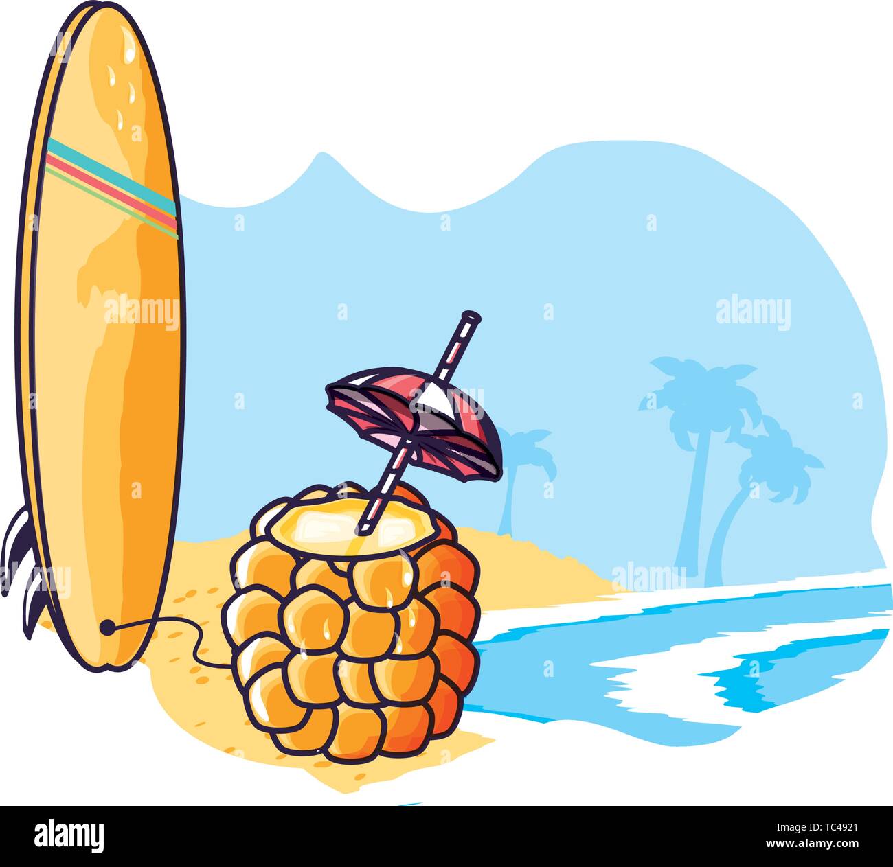 cocktail of pineapple fruit with surfboard in the beach vector ...