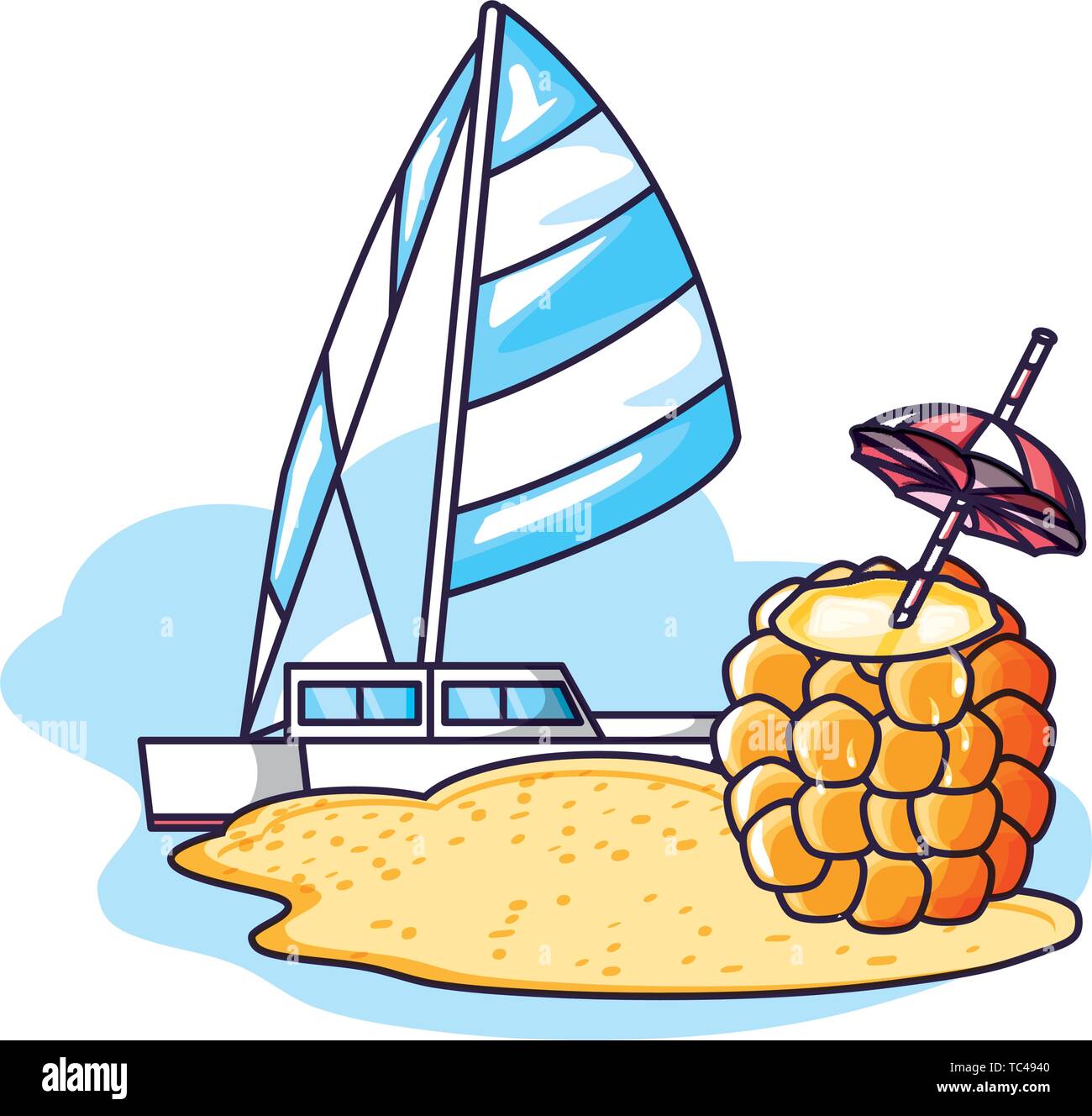 cocktail of pineapple with sailboat in the beach vector illustration ...
