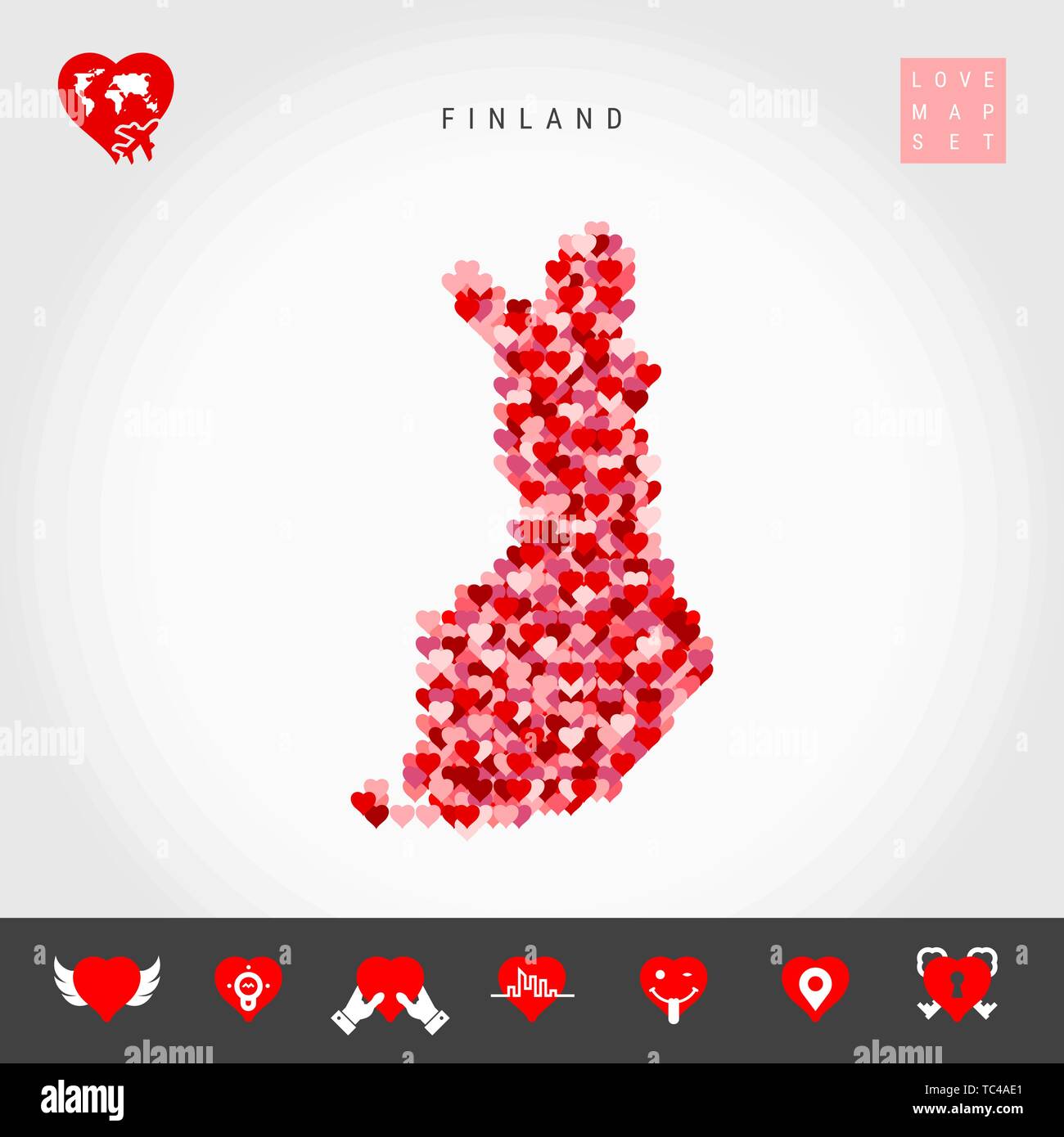 I Love Finland. Red and Pink Hearts Pattern Vector Map of Finland Isolated on Grey Background. Love Icon Set. Stock Vector