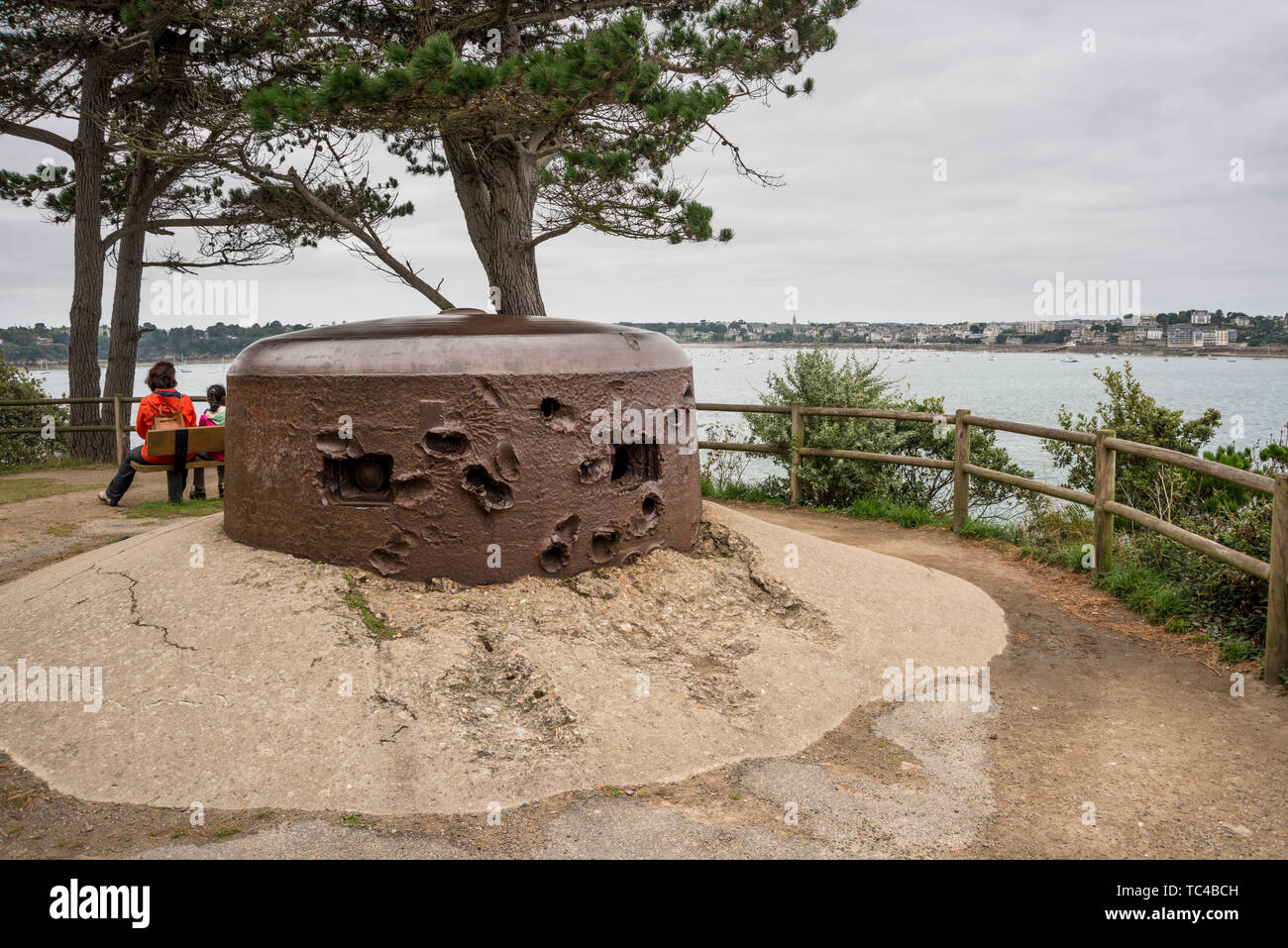 World War 2 metal bunker with numerous damages caused by attacks, La Cité d'Alet (or Aleth), Saint Malo, Brittany, France Stock Photo