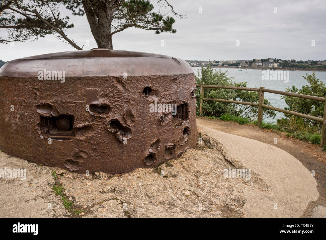 World War 2 metal bunker with numerous damages caused by attacks, La Cité d'Alet (or Aleth), Saint Malo, Brittany, France Stock Photo