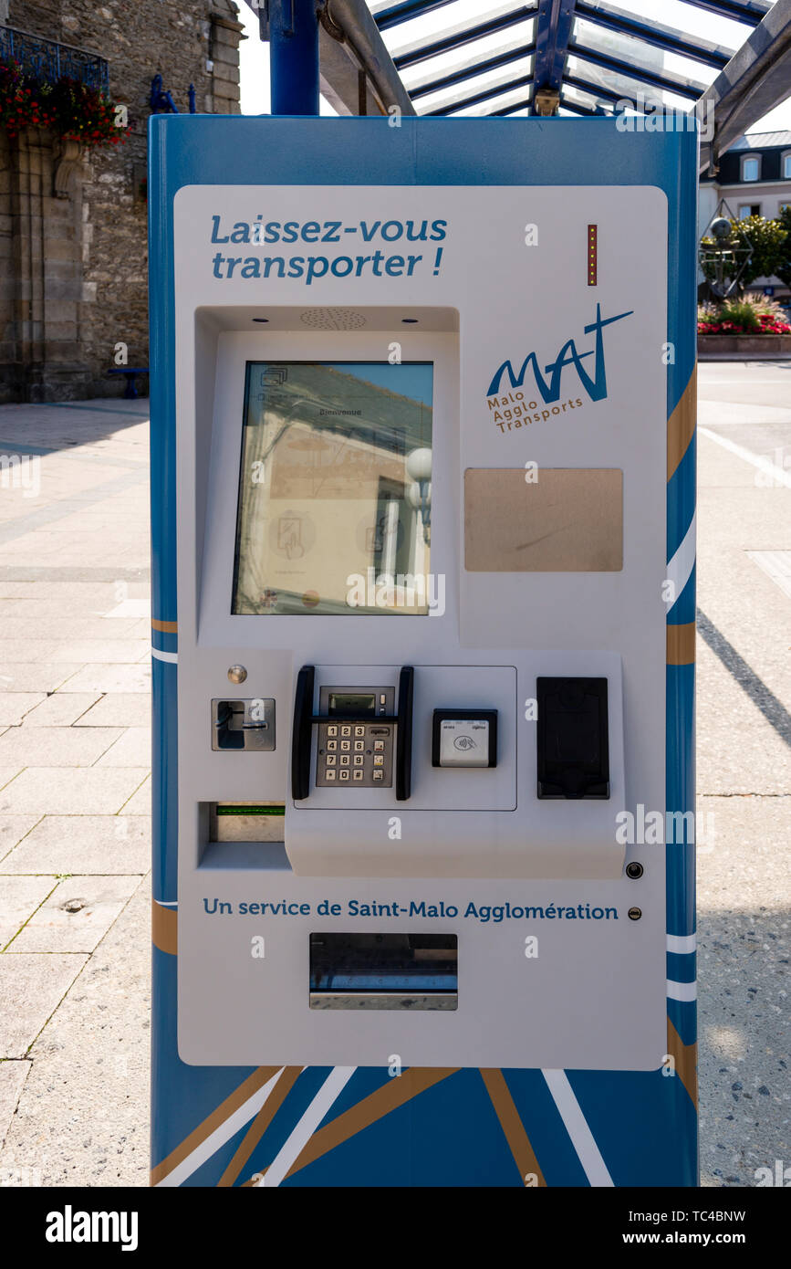 Bus ticket vending machine at bus stop, Paramé District, Saint Malo, Brittany, France Stock Photo