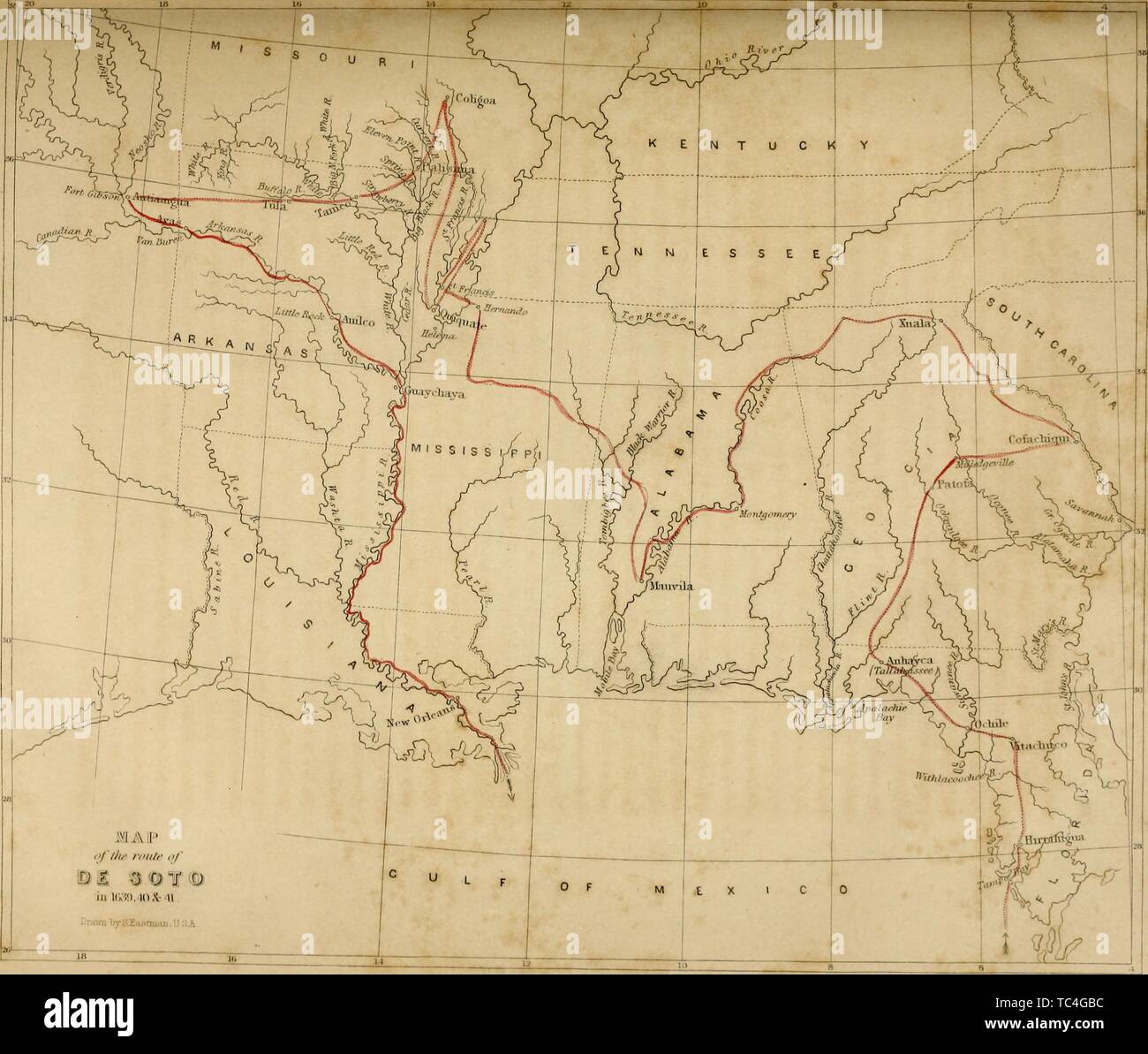 Engraved map of the route of Hernando de Soto, a Spanish explorer, and conquistador, from the book 'Archives of Aboriginal knowledge' by Henry Rowe Schoolcraft, 1860. Courtesy Internet Archive. () Stock Photo