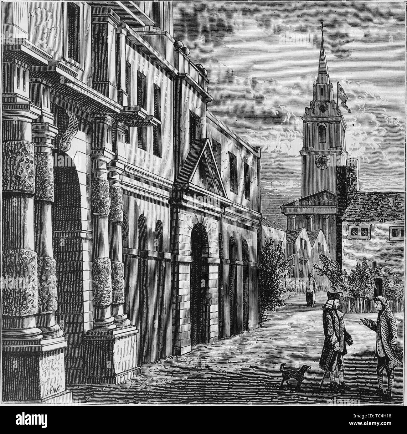Engraving of the King's Mews at Charing Cross, London, England, from the book 'Old and new London: a narrative of its history, its people, and its places' by Thornbury Walter, 1873. Courtesy Internet Archive. () Stock Photo
