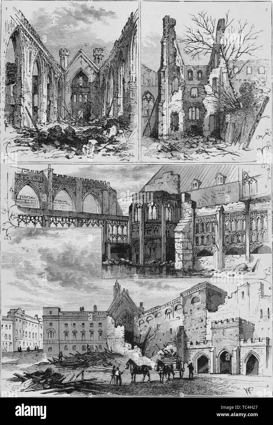 Engraving of the ruins of the House of Parliament, St. Stephen's Chapel, the Library, Cloisters, and House of Lords, London, England, from the book 'Old and new London: a narrative of its history, its people, and its places' by Thornbury Walter, 1873. Courtesy Internet Archive. () Stock Photo