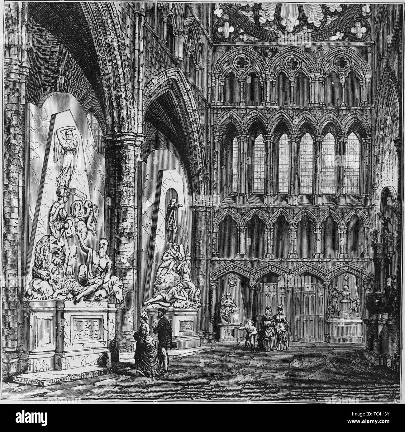 Engraving of the North Transept of Westminster Abbey, London, England, from the book 'Old and new London: a narrative of its history, its people, and its places' by Thornbury Walter, 1873. Courtesy Internet Archive. () Stock Photo