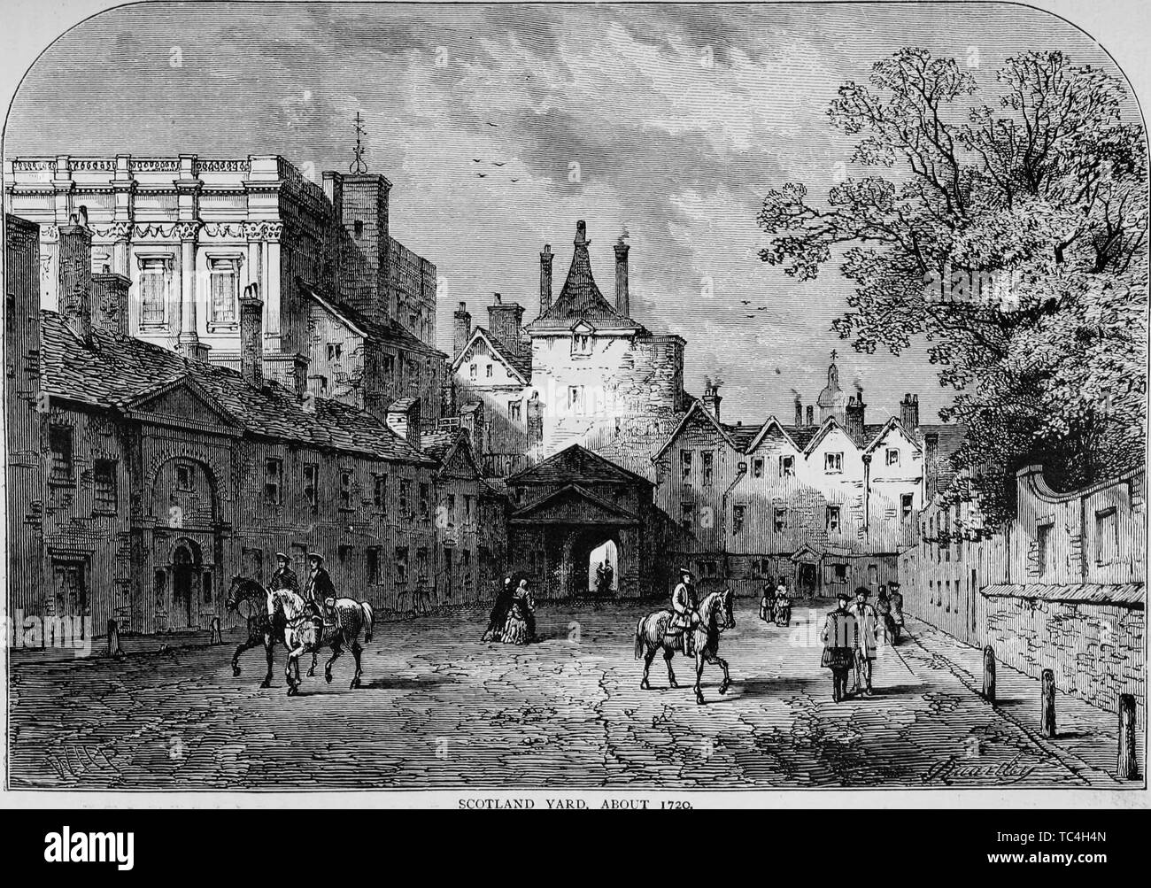 Engraving of the Scotland Yard at Whitehall, London, England, from the book 'Old and new London: a narrative of its history, its people, and its places' by Thornbury Walter, 1873. Courtesy Internet Archive. () Stock Photo