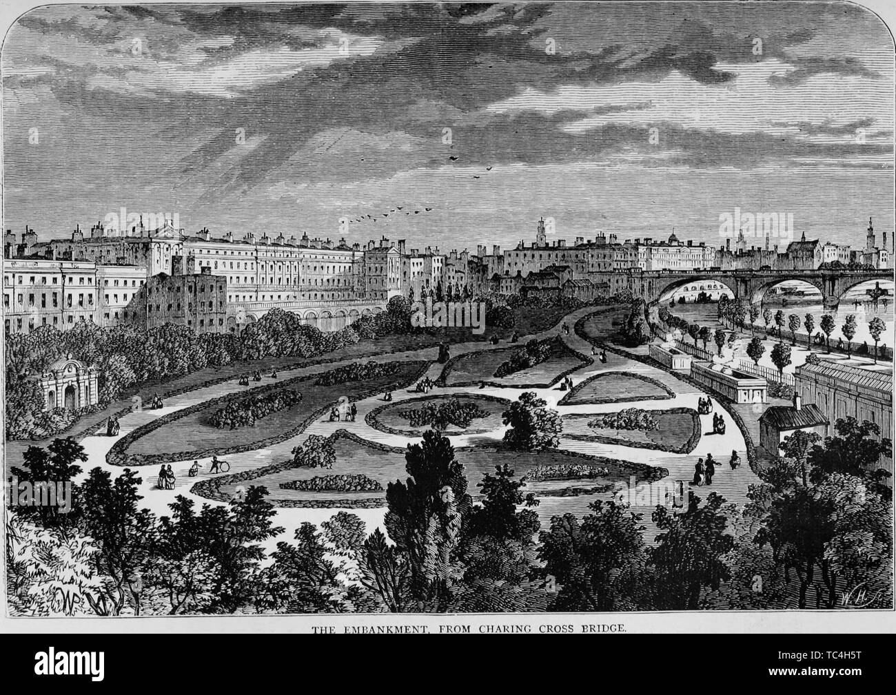 Engraving of the Embankment Gardens at Charing Cross, London, England, from the book 'Old and new London: a narrative of its history, its people, and its places' by Thornbury Walter, 1873. Courtesy Internet Archive. () Stock Photo
